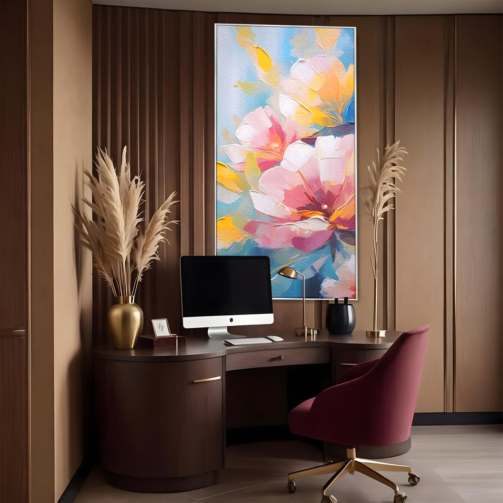 Tablou canvas cu tablou canvas cu flori roz, in rama de aluminiu argintiu, pe perete intr-un birou
